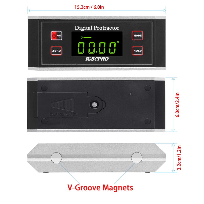 RISEPRO Inclinometer, RISEPROÂ® Digital Protractor Angle Finder Level Inclinometer Magnetic V-Groove 0~360 degree with Backlight 82413B - Image 2
